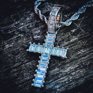 Silver Baguette Iced Out Cross Necklace